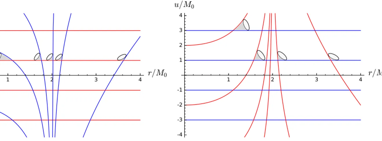 Figure 2.2: Ingoing and outgoing Eddington-Finkelstein patches of the Schwarzschild spacetime, obtained for