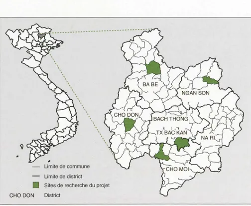 Figure 1 .  Carte  de la  province  de  Bac  Kan  et sites  de  re c herche  sur  lesquels  ont été  men ées  le s  é tud es  monographiques