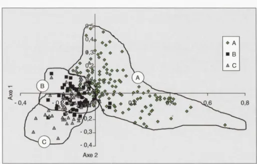 Figure 10.  Représentation  des  277  individus  sur  le  plan  formé  par  les  axes  1  et  2  de  l ' analyse  en  composante principa l e et  limites d'appartenance  des individus aux groupes  A ,  B  et  C 