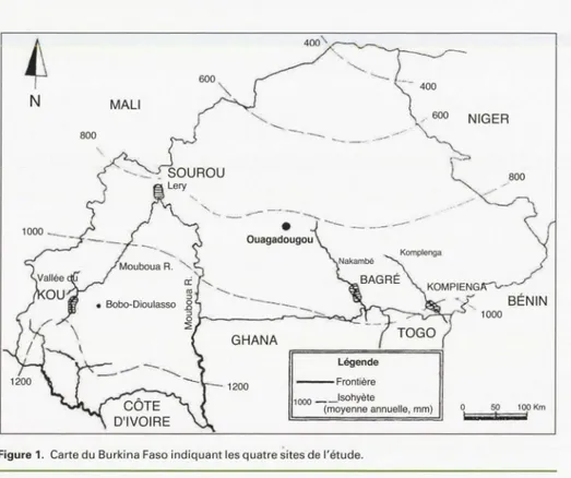 Figure  1 .  Carte du Burkina  F aso  indiquant  les quatre sites de l'étude. 