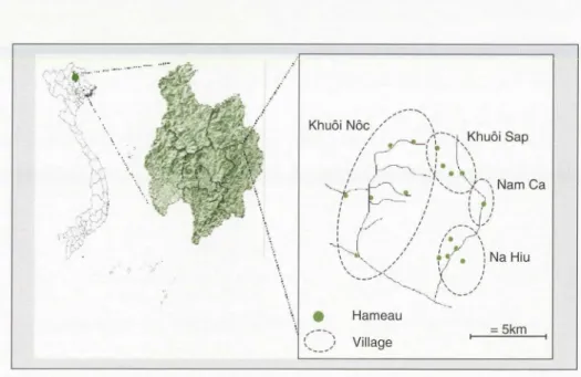 Figure 1.  Situation des villages et hameaux étudiés par rapport au  r ésea u hydro l ogique 