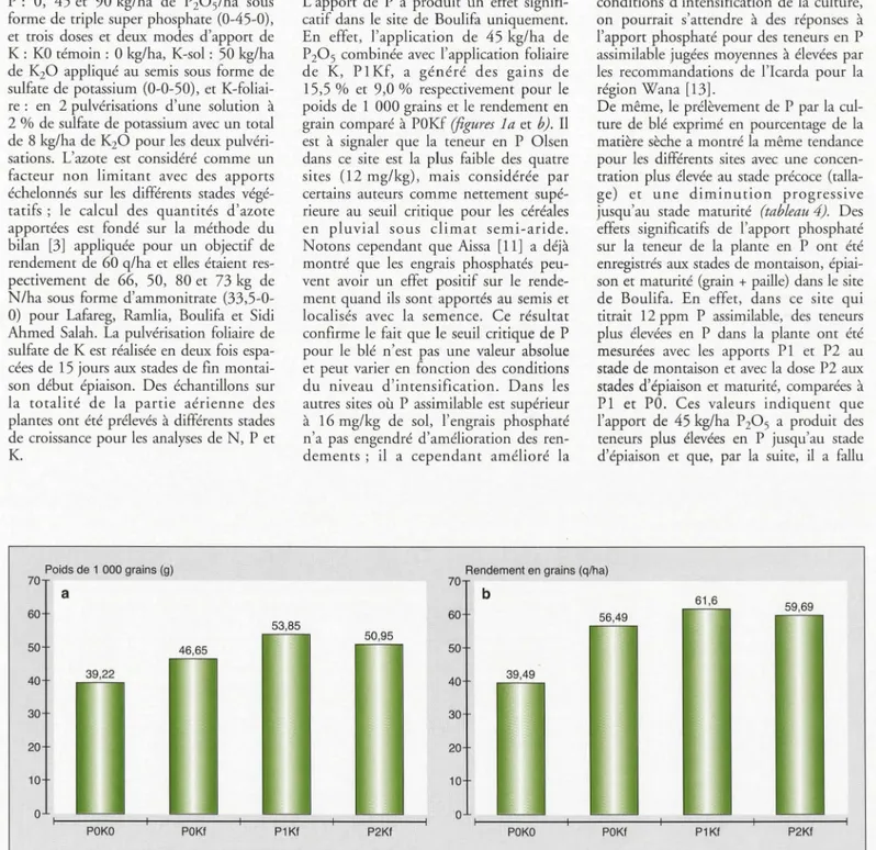 Figure  1.  Effet  combiné  de  K foliaire  et  de  l'apport de  P  sur :  (a)  le  poids de  1 000 grains ; (b)  le  rendement en  grain,  dans  le  site  de  Boulifa