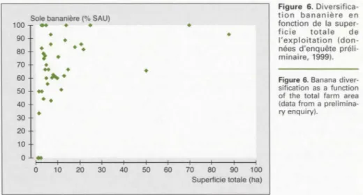 Tableau  2  F i gure  6 .  Diversifica -tian  bananière  en • fonction  de  la super-• ficie totale  de l'exploitation  (don-nées  d'enquête  préli-minaire,  1999) 