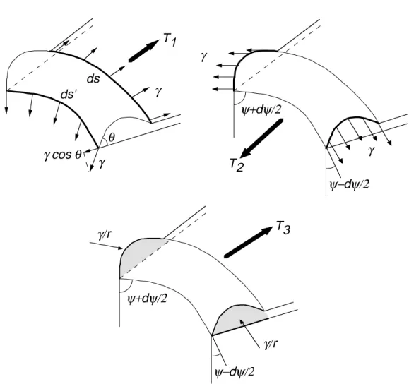 Fig. 4.3 – Forces capillaires s’exer¸cant sur le bourrelet et leurs r´esultantes respec- respec-tives T 1 , T 2 et T 3 )