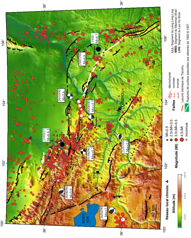 Fig. 1.2: Localisations des s´ eismes enregistr´ es par le r´ eseau sismologique r´ egional chinois, d’apr` es le Seismological Institute