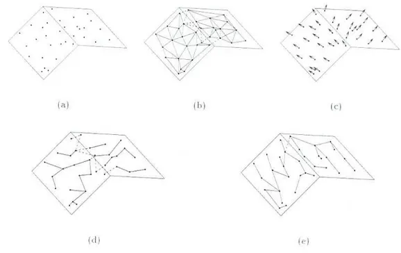 FIG. 3.8 – Passage d’un ensemble de points non organisé de points (a) aux arbres d’escarpement extrémaux associés (d) et (e) en passant par la construction d’un graphe de voisinage (b) et l’inférence des propriétés locales permettant  l’asso-ciation d’une énergie de déformation à chaque arête de (c)