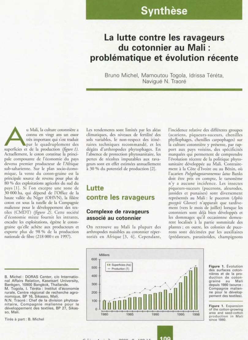 Figu re  1 .  Évolution  des  surfaces   coton-nières  et  de  la   pro-duction  de   coton-graine  au  Mali  depuis  1980  (source:  Compagnie   malien-ne  pour  le   dévelop-pement des textiles) 