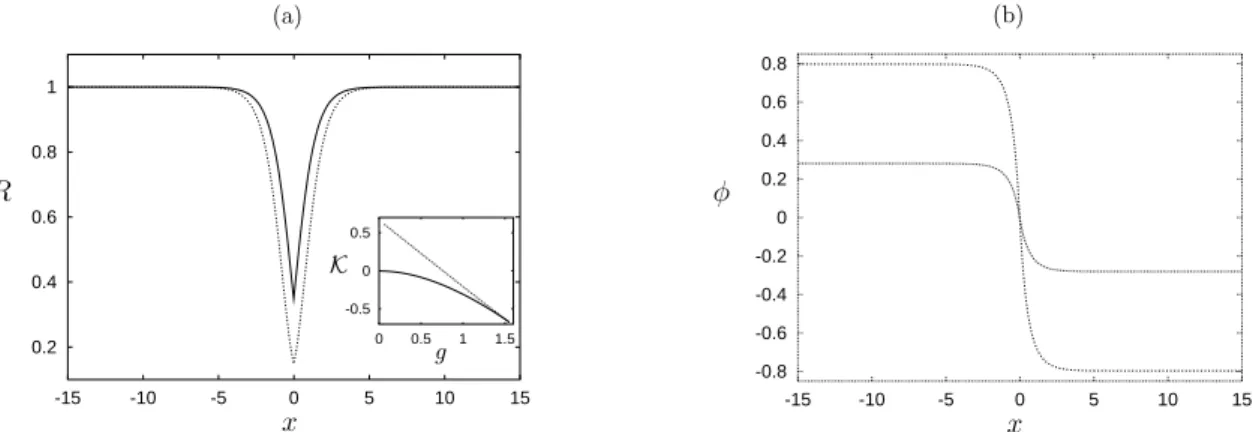 Figure II.2 : (a) Module R de la solution stationnaire stable (), instable (- - -) de l'équation (II.82) (voir équation (II.90)) pour g = 1;250 et v = 0;5