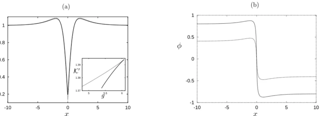 Figure II.6 : (a) Module R des solutions stationnaires stable () et instable(- - -) de l'équation (II.121) pour g = 5;53, v = 0;15, q = 0;5
