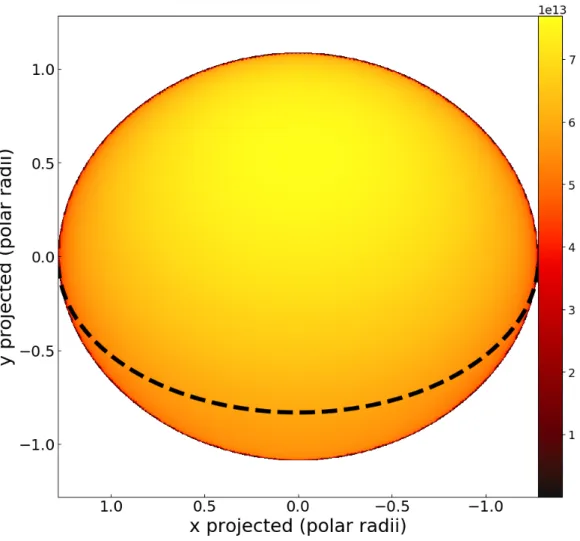 Fig. 2.7.: Carte de l’intensité émise par une étoile modélisée, obtenue par association de modèles de structure stellaire ESTER et de modèles d’atmosphère PHOENIX.