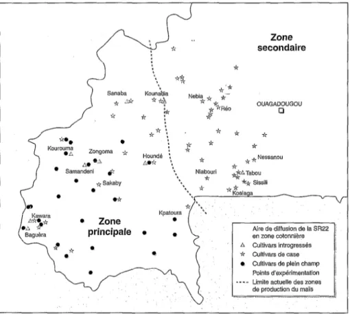 Figure  1.  Répartition  géographique  des  cultivars  locaux  du  Burkina  Faso  en  cultivars  de  plein  champ  (*)  et  cultivars  de  case  (*)