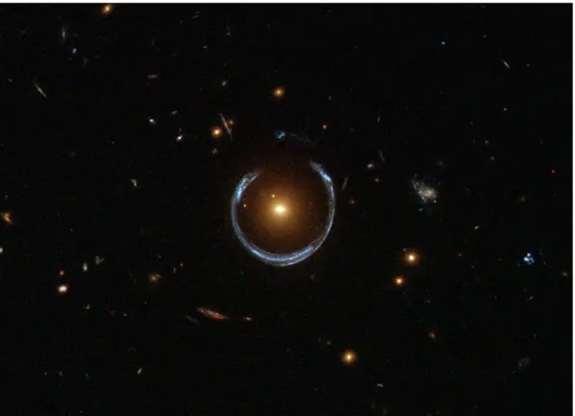 Figure 2.3: Einstein ring LRG 3-757 observed by the Hubble Space Telescope (HST) . Credit: ESA /Hubble &amp; NASA.
