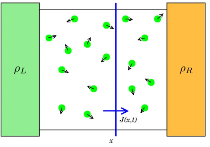 Figure 1.2  At the two sides of the cube Λ, particles reservoirs maintain constant values of the local densities of particles ρ L and ρ R .