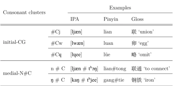 Table 1.5: Attested consonant sequences in word-initial position and across word boundaries in Mandarin