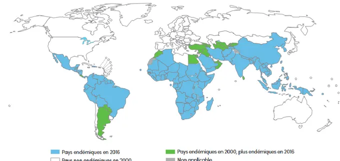 Figure  1.  Endémicité  du  paludisme  dans  le  monde  entre  2000  et  2016.  Le  paludisme  était  endémique dans 108 pays en 2000