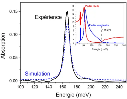 Figure 1.19 – Comparaison d’un spectre d’absorption simulé (bleu) et d’un spectre d’absorption issu d’une mesure de transmission en polarisation TM à l’angle de Brewster (noir)