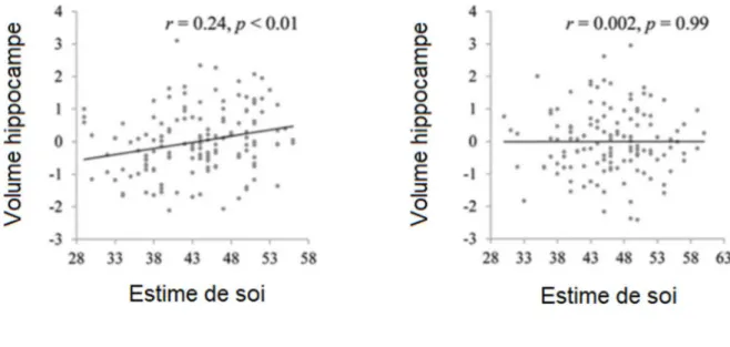 Figure  1   :  Corrélations  entre  l’estime  de  soi  et  le  volume  hippocampique  chez  de 