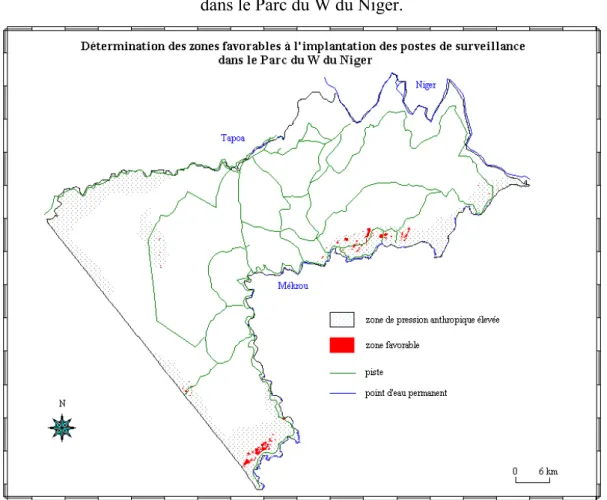 Figure 32. Détermination des zones favorables à l’implantation des postes de surveillance  dans le Parc du W du Niger
