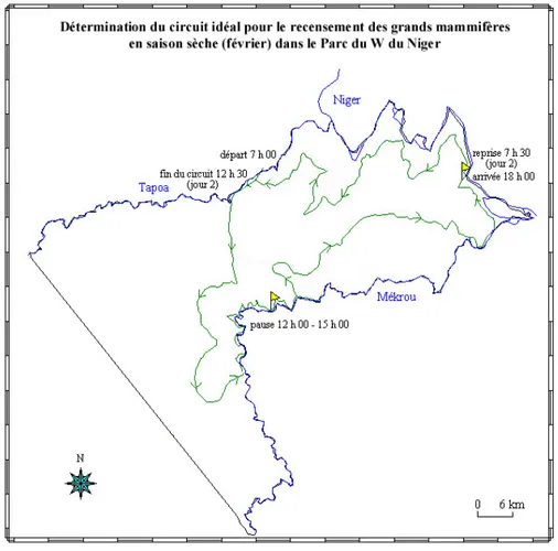 Figure 38. Détermination du circuit idéal pour le recensement des grands mammifères en  saison sèche (Février) dans le Parc du W du Niger