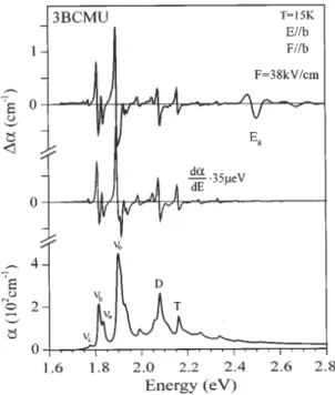 Fig. 1.8 – Comparaison entre le spectre d’´electro-absorption d’un cristal dilu´e de poly- poly-3BCMU et le spectre d’absorption ainsi que sa d´eriv´ee par rapport `a l’´energie `a 15 K.