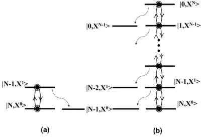 Fig. 3.7 – (a) : Absorption d’un photon qui fait passer un ´electron du niveau 0 au niveau 1 pour un atome `a deux niveaux