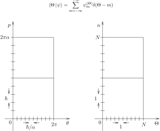 Fig. 3.4 – Discr´etisation de l’espace des phases du rotateur puls´e quantique, dans les coordonn´ees (θ, p) et (Θ, n)