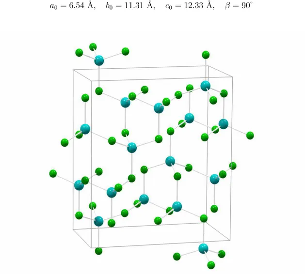 Figure 1.2 : Maille primitive de la structure β-ZnCl 2 . Grosses sph`eres bleues : Zn 2+ , petites sph`eres