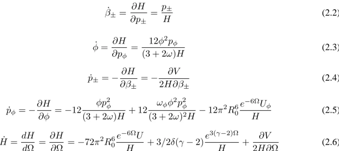 tableau 2.1. Les ´equations de Hamilton sont alors: ˙ β ± = ∂p ∂H ± = p ±H (2.2) ˙ φ = ∂H ∂p φ = 12φ 2 p φ (3 + 2ω)H (2.3) ˙p ± = − ∂H ∂β ± = − ∂V 2H∂β ± (2.4) ˙p φ = − ∂H ∂φ = −12 φp 2 φ (3 + 2ω)H + 12 ω φ φ 2 p 2 φ(3 + 2ω)2 H − 12π 2 R 60 e −6Ω U φH (2.5) ˙ H = dH dΩ = ∂H∂Ω = −72π 2 R 60 e −6Ω UH + 3/2δ(γ − 2) e 3(γ−2)ΩH + ∂V 2H∂Ω (2.6)