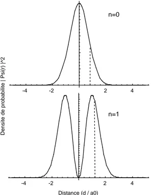 Fig. 4.6 – Distribution de la densit´e de probabilit´e |ψ| 2 pour l’´etat fondamental (n=0) et le premier ´etat excit´e (n=1)