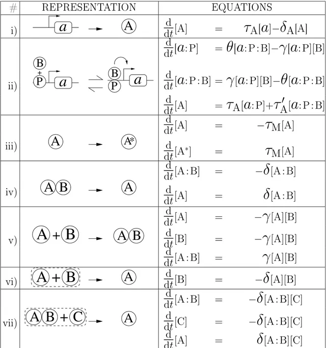 Tab. II.1: Liste de toutes les interactions possibles dans l'algorithme d'évolution, avec le schéma et les équations associées