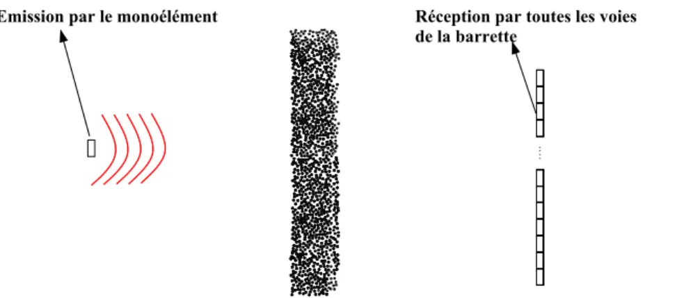 Fig. 1.1: Exp´ erience de transmission ` a travers un ´ echantillon de tiges d’acier. Le mono´ el´ ement ´ emet un signal r´ eceptionn´ e par les transducteurs de la barrette.