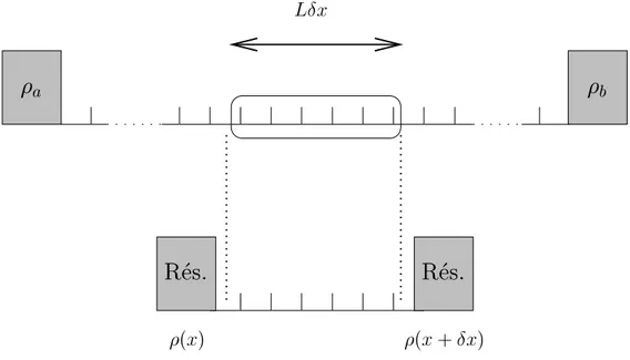Fig. 3.2: Un sous-ensemble mésoscopique de taille Lδx d’un système dont le profil macroscopique est donné par {ρ} se comporte comme un système proche de l’équilibre en contact avec deux réservoirs de densité ρ(x) et ρ(x + δx)
