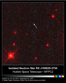 Figure 1.5 – D´ecouverte d’une ´etoile `a neutrons isol´ee, baptis´ee RXJ185635-3754 dans le domaine visible par le t´elescope spatial Hubble (NASA) par Walter &amp; Matthews (1997).