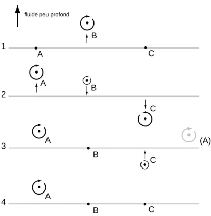 Fig. 2.3: M´ecanisme de l’onde de Rossby, la direction du fluide peu profond indique