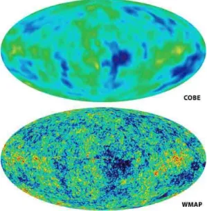Fig. 1.3 – Fond diffus cosmologique (CMB) : en haut, mesure effectu´ee par le satellite COBE en 1992 et en bas, par le satellite WMAP, dix ans apr`es