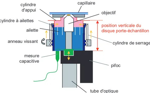 Figure 3.3 – Schéma en coupe du porte-échantillon. Le terme PIFOC désigne un système commercial de déplacement d’objectif de microscope via une cale piezoélectrique