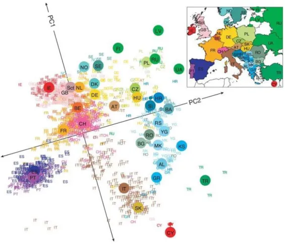 Figure 2: A statistical summary of genetic data from 1,387 Europeans based on principal  component axis one (PC1) and axis two (PC2)