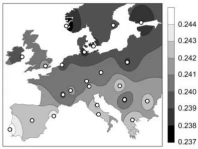Figure 8: Isoline map of Europe based on the mean observed heterozygosity in each of 23  European subpopulations