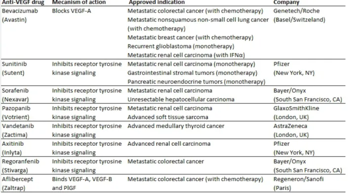 Table 1.1 – Les agents anti-angiogéniques approuvés par la FDA pour le traitement du cancer (2004-2012)