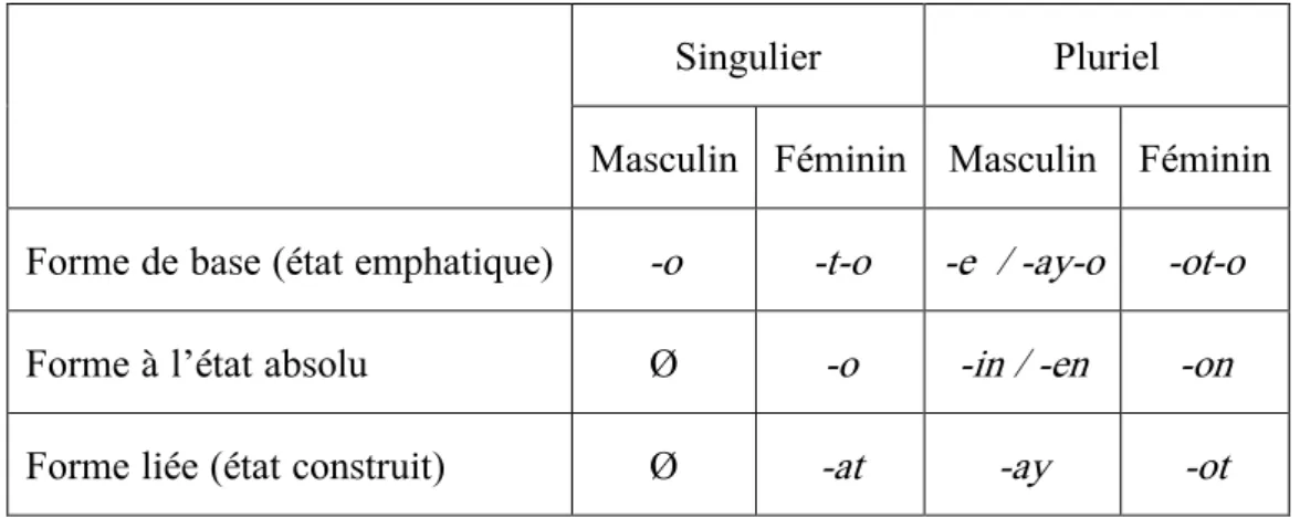 Tableau 1 : Formes des noms en syriaque 