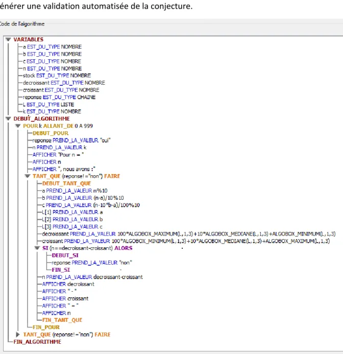 Figure 40 (Sous AlgoBox, un algorithme automatisé avec utilisation d’une liste, permettant  une preuve par exhaustion des cas de la conjecture Kaprekar, pour tous les entiers naturels 