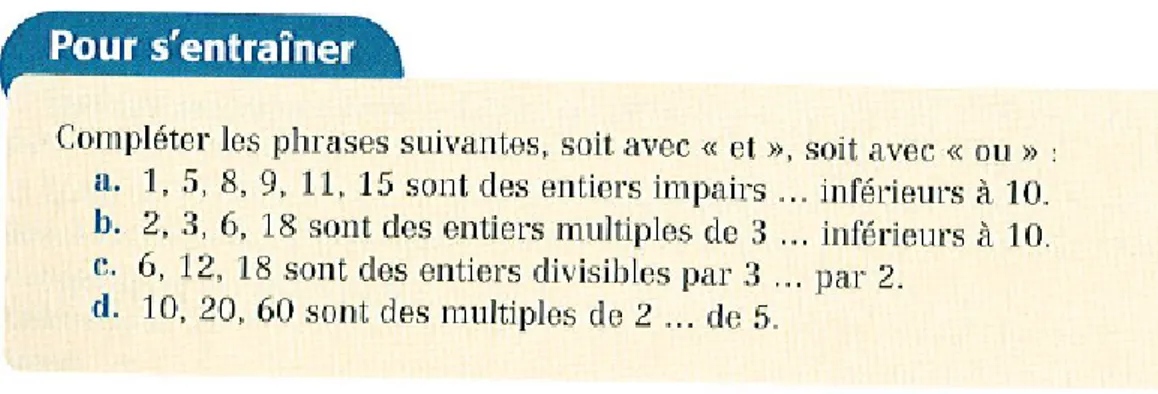 Figure 3.4 – Exercice sur les connecteurs ET et OU dans le manuel Indice Savoir que (P ET Q) est vraie me donne des informations sur P et sur Q, à savoir qu’elles sont vraies, et je peux alors en déduire que (P OU Q) est vraie