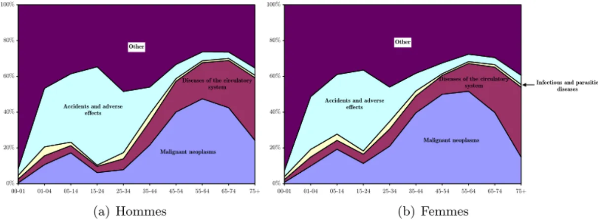 Fig. 1.2 – Mortalit´e en France en 1999 par classes d’ˆ ages, en pourcentages.