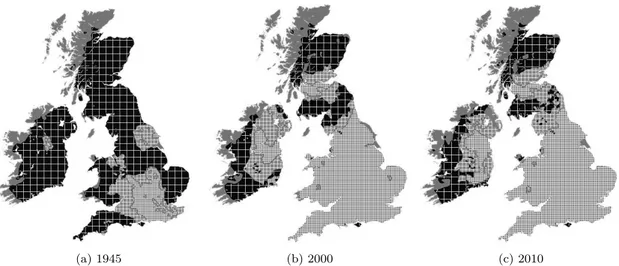 Figure 0.0.5 – Invasion de l’écureuil gris dans le territoire des iles Britanniques de l’écureuil roux, classiquement modélisée par un système de la forme (0.0.1) avec a &lt; 1 &lt; b