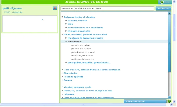 Figure 12 : Interface du site de l’étude NutriNet-Santé permettant d’atteindre  l’aliment consommé  