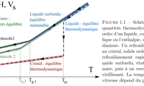 Figure 1.1 – Schéma de l’évolution de quantités thermodynamiques du premier ordre d’un liquide, comme le volume  spéci-ﬁque ou l’enthalpie, quand la température diminue