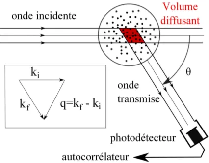 Figure 2.5 – schéma de principe d’une expérience de diﬀusion dynamique de la lumière. Une onde cohérente monochromatique illumine un échantillon contenant des particules qui diﬀusent la lumière