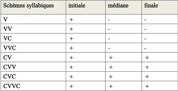 Tableau 14 : Types syllabiques et leur placement dans le mot 