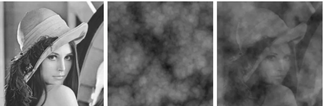 Figure 1.4: The importance of phase in images. From left to right: “Lena”, “clouds” and the image obtained by taking the phase of “Lena” and the modulus of “clouds” as defined in (3.4)