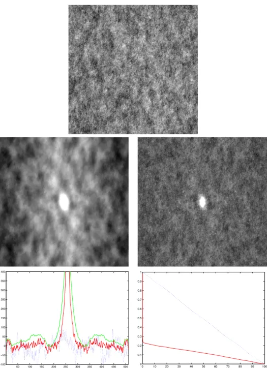 Figure 2.1: Top: the original stone wall texture image u. Second line: on the left, the empirical covariance of u; on the right, the texton T (u)